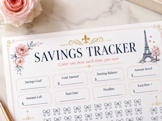 Paris Savings Tracker Printable, Bow Savings Challenge, Budget Planner Insert