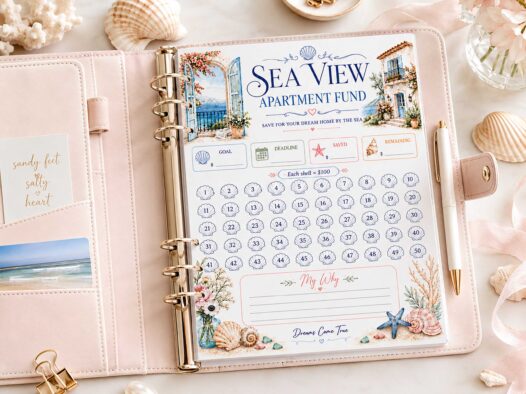 Sea View Apartment Fund Savings Tracker Printable, 5000 Seashell Savings Challenge, Dream Home Fund